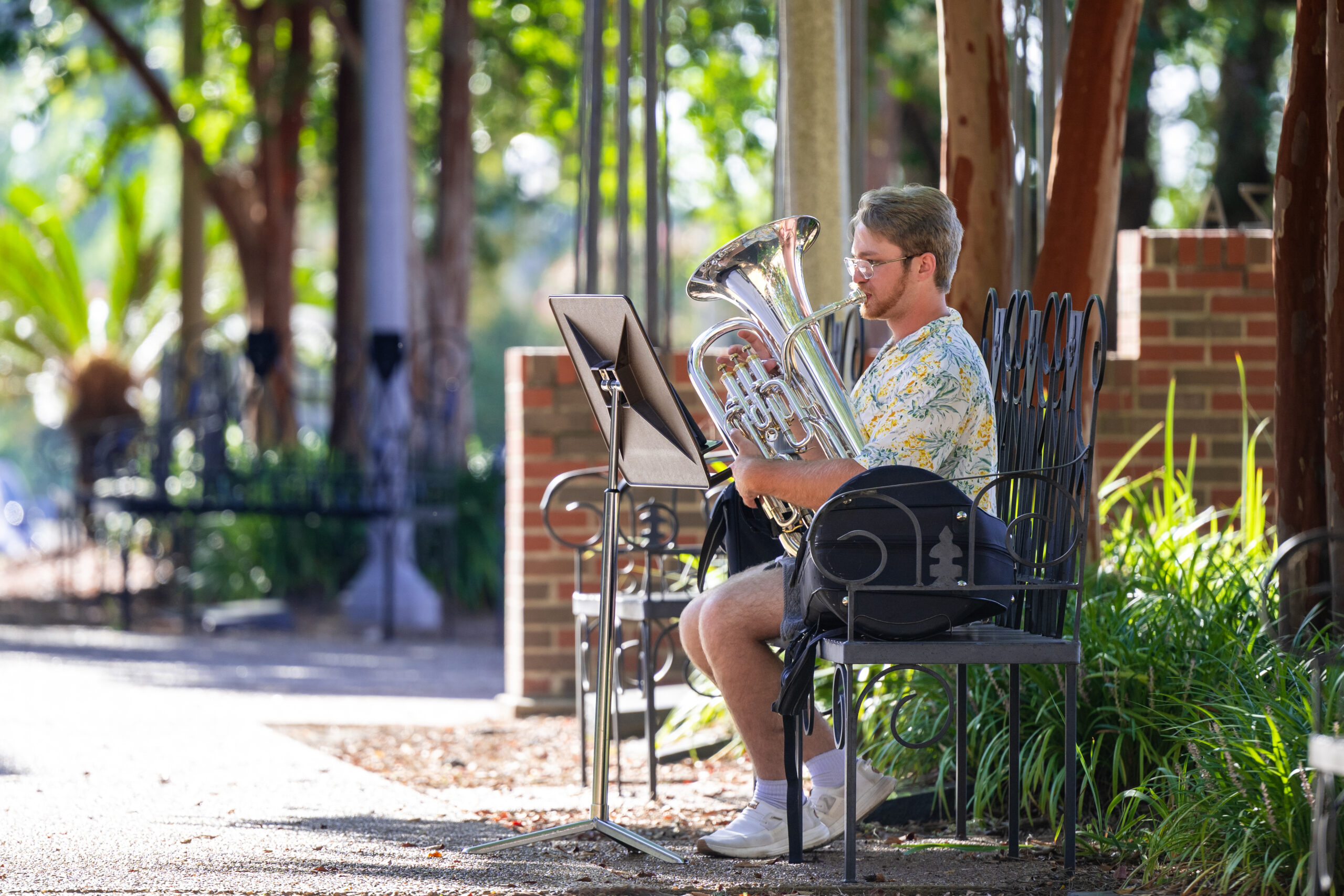 NSU student playing an instrument in the CAPA courtyard