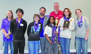 A team from the Louisiana School for Math Science and the Arts won first place in the Team competition. From left are Debbie Porter, director of Demon Mathematics Classic; Benny Zheng, Adyson Allen, Zeb Marcotte, head of NSU’s Mathematics Department; Meena Matta, Jim Cole from Sabine State Bank, Maven Anderson and Alison Key.