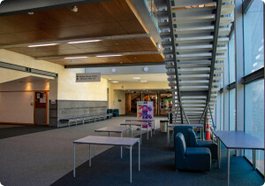 A view of a dining hall.