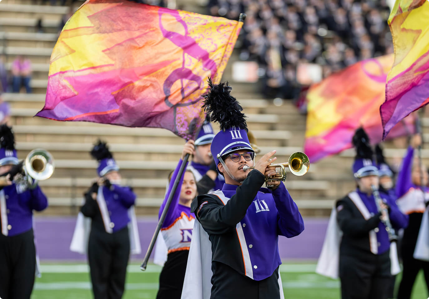 Students performing in a marching band.
