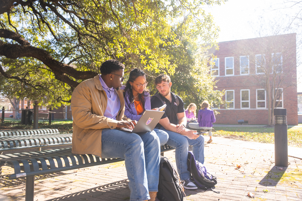 Students in courtyard with laptop