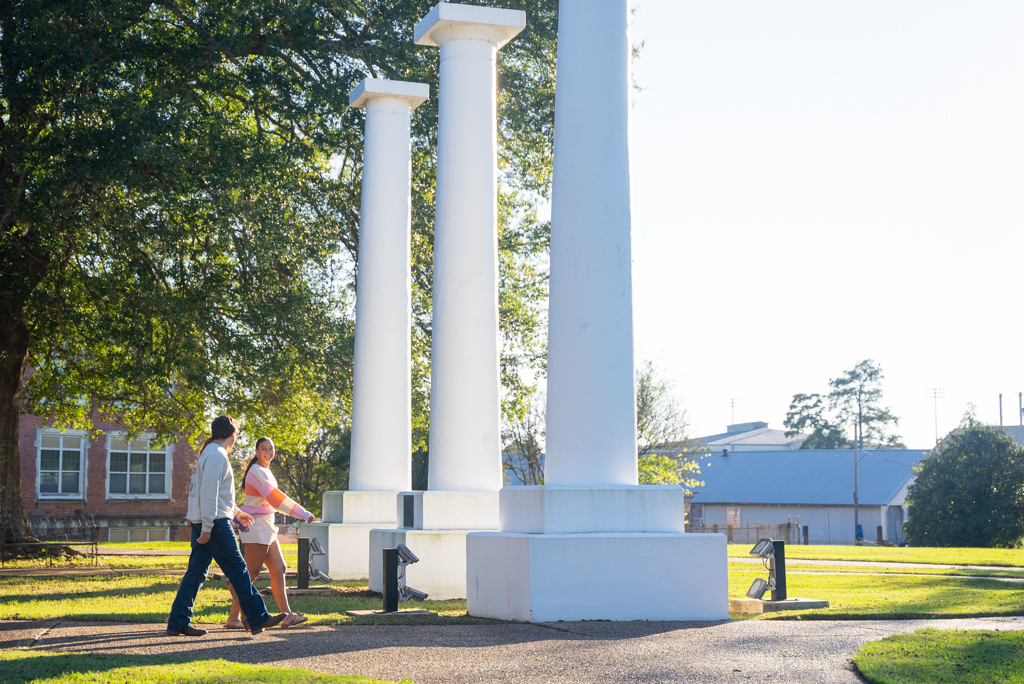 A group of students walk on the sidewalk near the columns on Normal Hill
