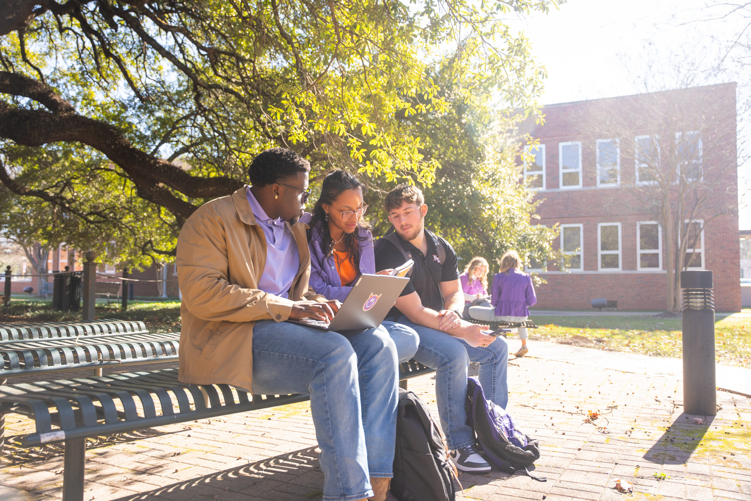 Students studying on laptop in courtyard
