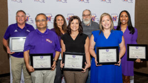 NSU faculty honored with Excellence in Teaching Awards were, from left, Scott Burrell, Dr. Nabin Sapkota, Beverly Broadway, Jessica Despino, Dr. Bill Housel, Robin LaBorde and Dr. Qwontice McDowell.