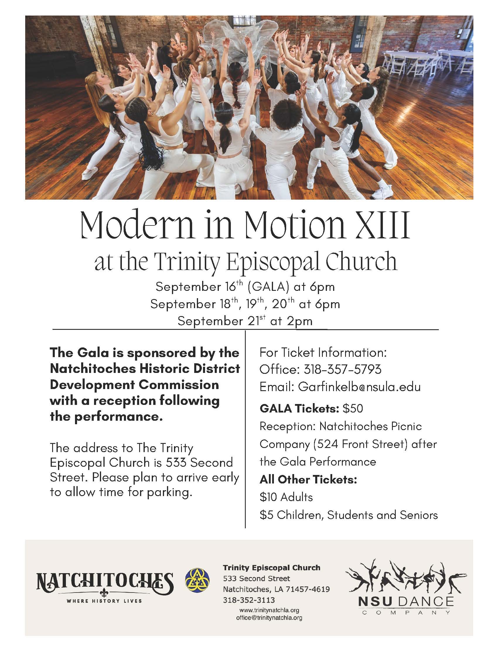 Modern in Motion XIII will be presented on Sept. 16, 18-21 at Trinity Episcopal Church.