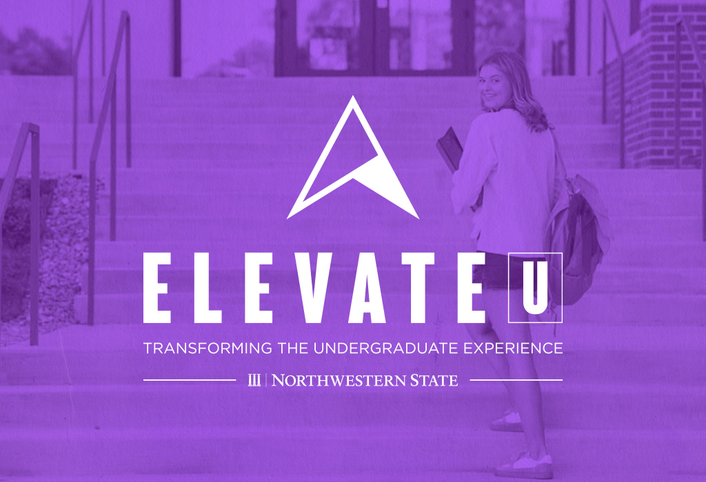 Student walking up stairs at Alost Hall with Elevate-U logo imposed.