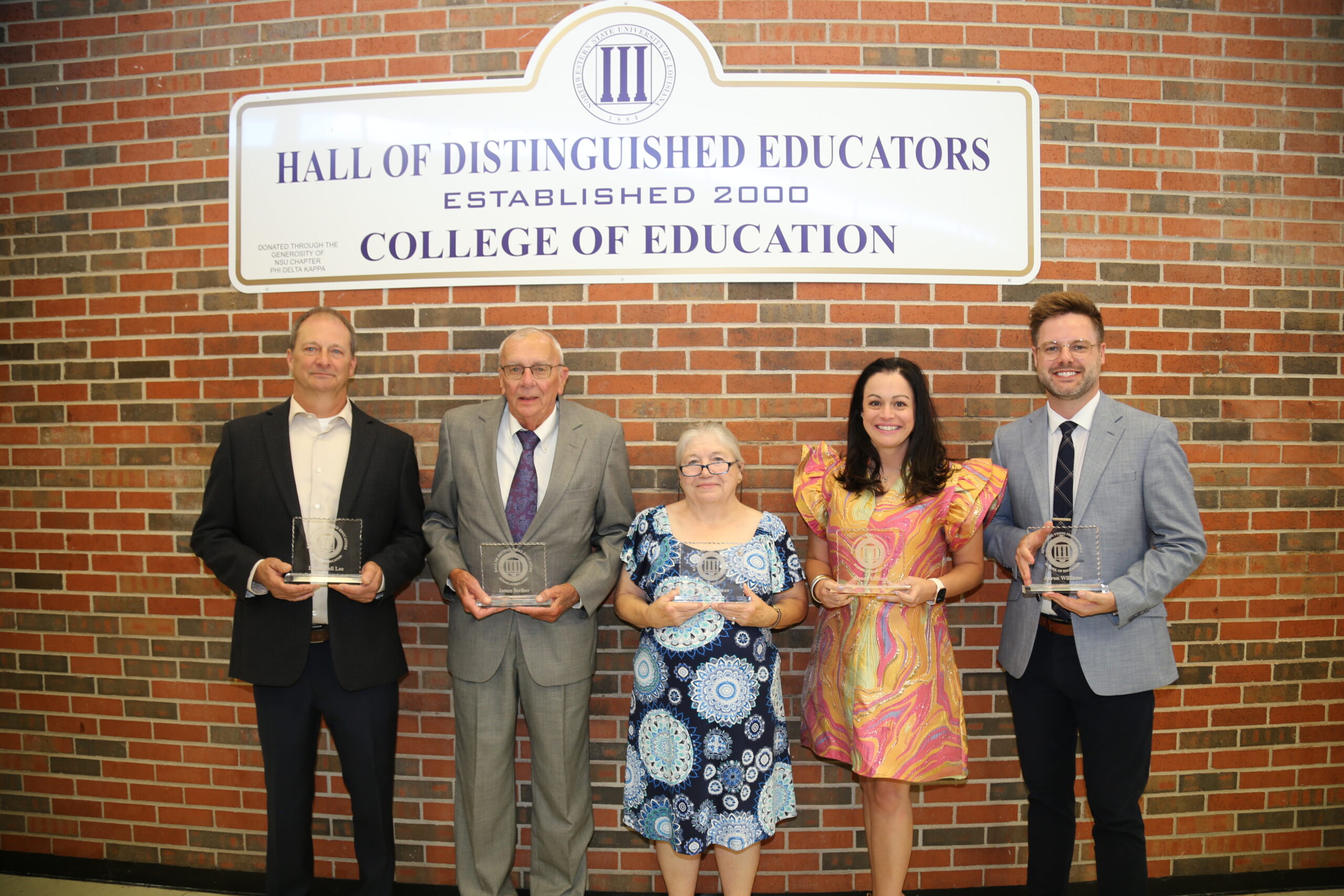 NSU’s Gallaspy College of Education honored 2025 inductees into the Hall of Distinguished Educators and Outstanding Young Professionals. From left are Edd Lee accepting on behalf of the late Linda Doll Lee, James Scriber, Pamela LaRosee accepting on behalf of the late Cheryl Corkran, Alyson Erikson and Dr. Aaron Williams.
