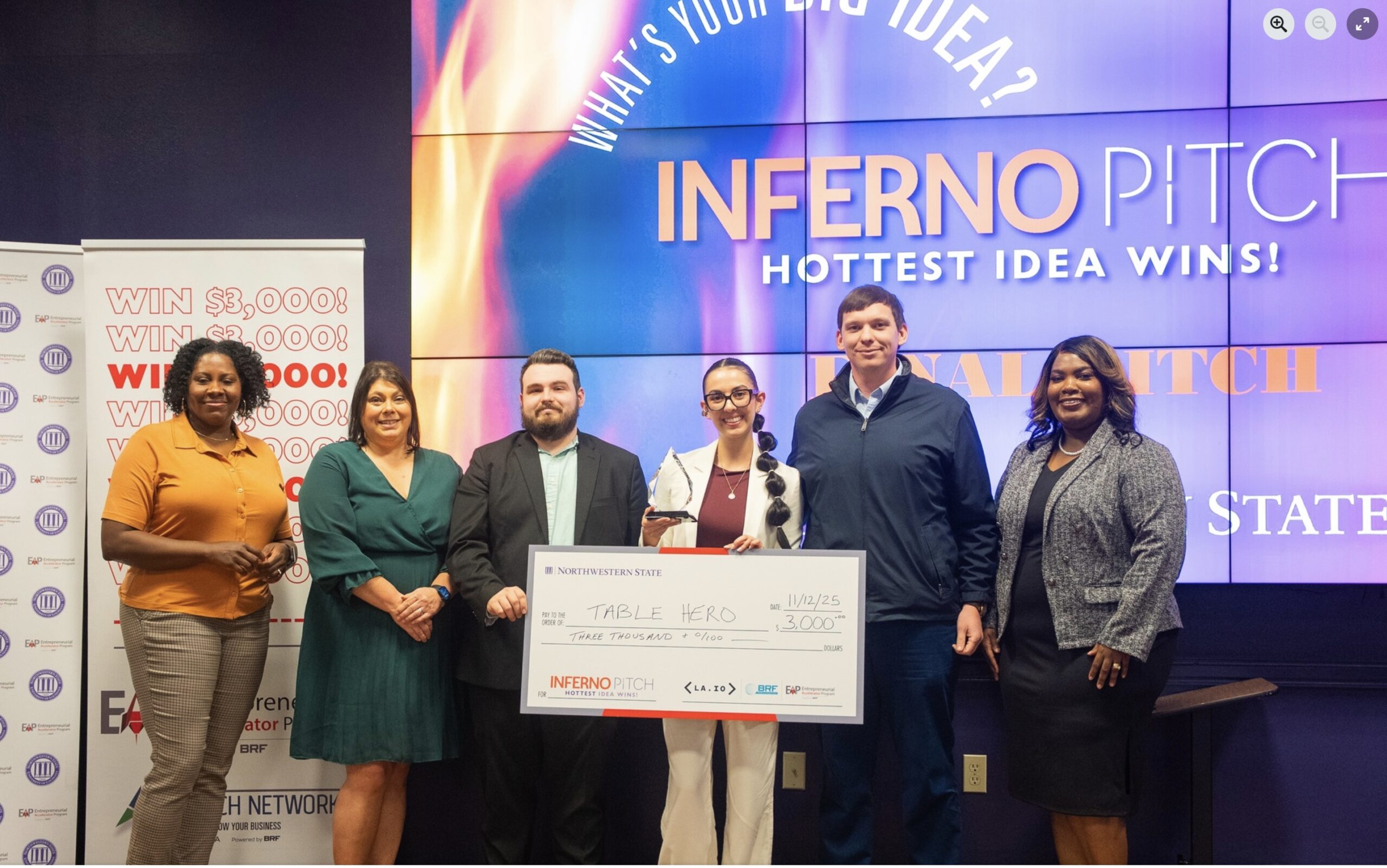 Inferno Pitch judges congratulated Valeria Mendieta Montoya of Pereira, Colombia, as winner of the competition. From left are Frances Buffin, Leslie Oglesby, Matthew Gamble, Mendieta Montoya, William Anderson and Joanna Washington.