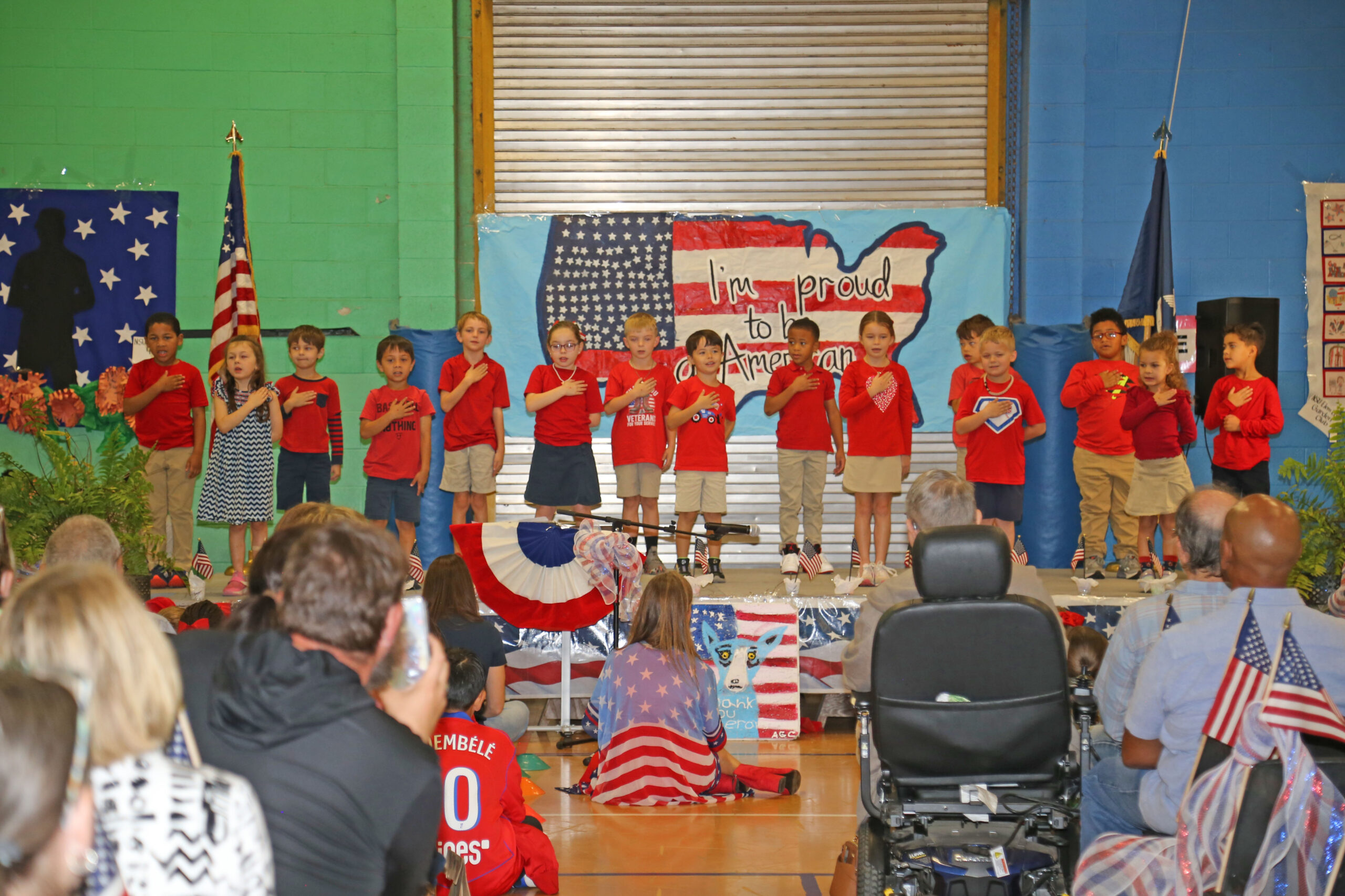 Kindergarten students sang a patriotic song thanking veterans for their service during the Elementary Lab Veterans Day program.