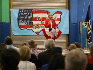 NSU First Lady Martha Genovese, a U.S. Air Force veteran, was featured speaker at the NSU Elementary Lab Veterans Day program.