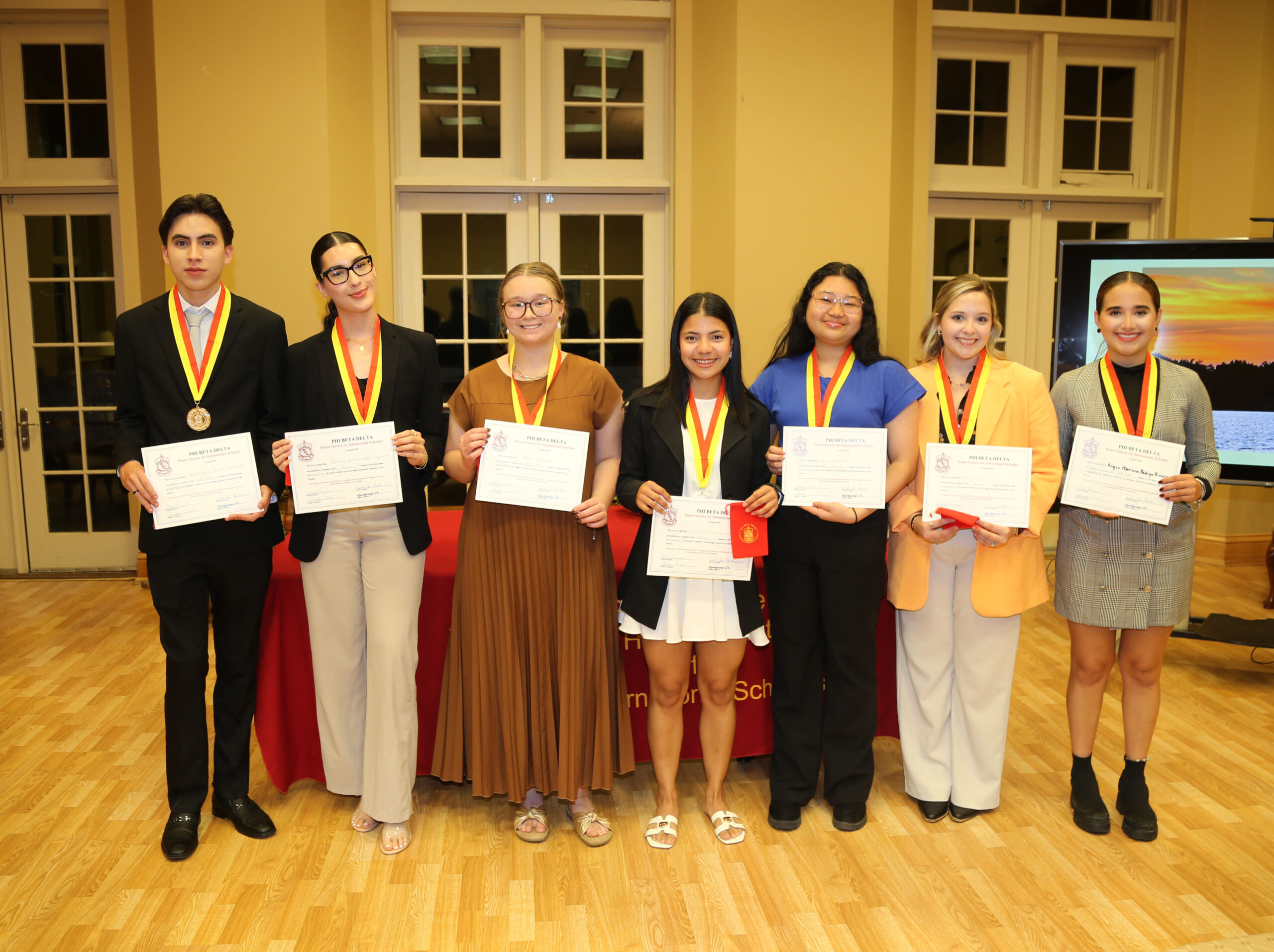New members of Phi Beta Delta at NSU are, from left, Santiago Tobon Cardona, Salome Aristizabal Aguirre, Shae Wetzel, Maria Camilla Valencia Gonzalez, Tatiana Wing Lam Wu, Katherine Clary and Angee Mariana Bedoya Rivera. Not pictured is Shakera Williams.