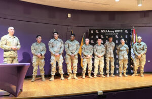 Graduating NSU ROTC cadets who will commission on Dec. 18 learned their branch assignments during the awards program. From left are Jan Amutan, Jaylon James, Damarkus Lawson, Todd Gladish, Ethan Jones, Christian Holmes, Layla Theriot and Lawson Turner.
