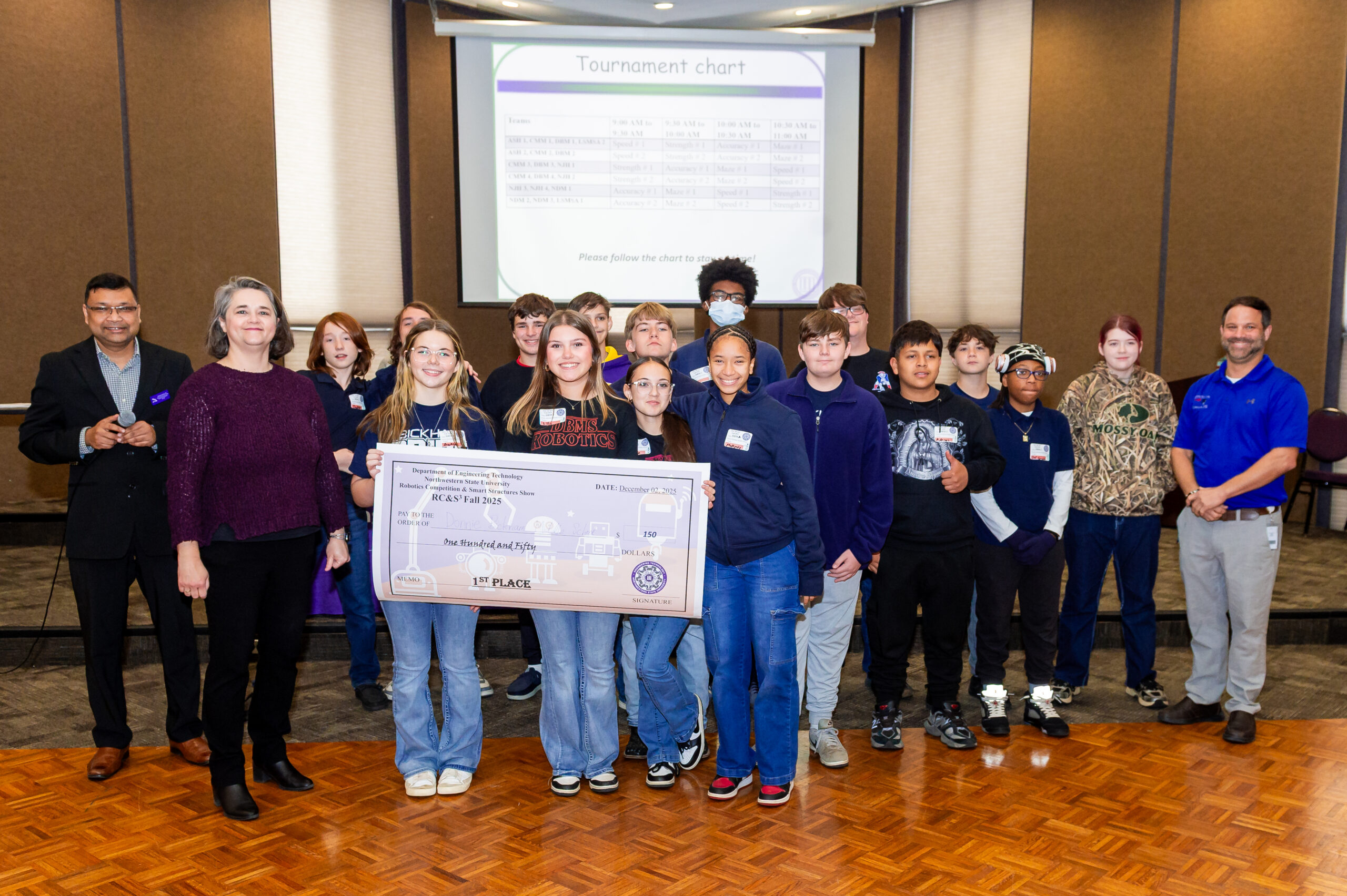 Students from Donnie Bickham Middle School of Shreveport won first place in the 11th Northwestern State University Robotics Competition and Smart Structure Show sponsored by NSU’s Department of Engineering Technology.