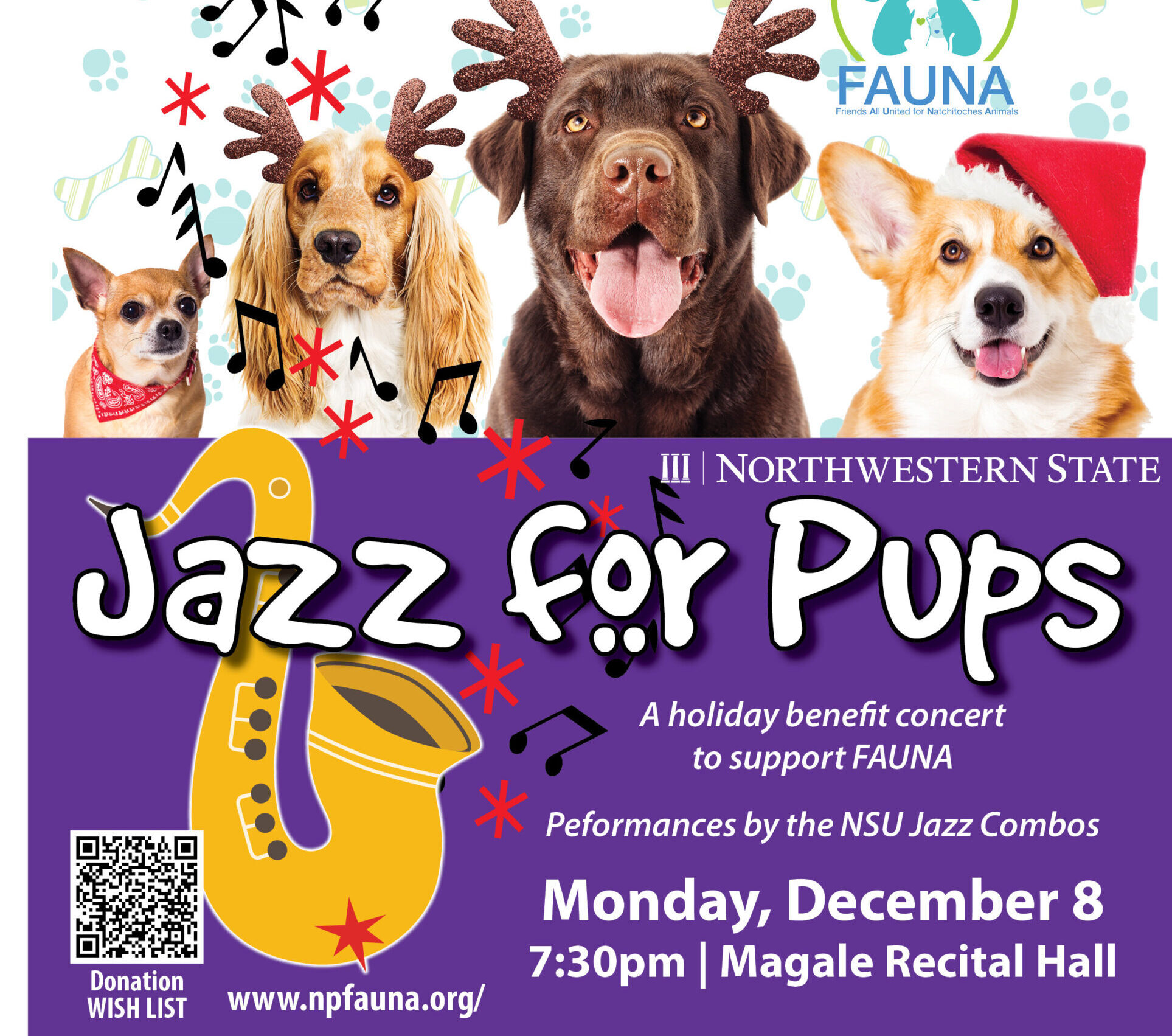 A Jazz for Pups concert will be held Dec. 8 at 7:30 p.m. in Magale Recital Hall.