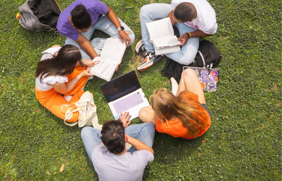 Students sitting on the grass with books.