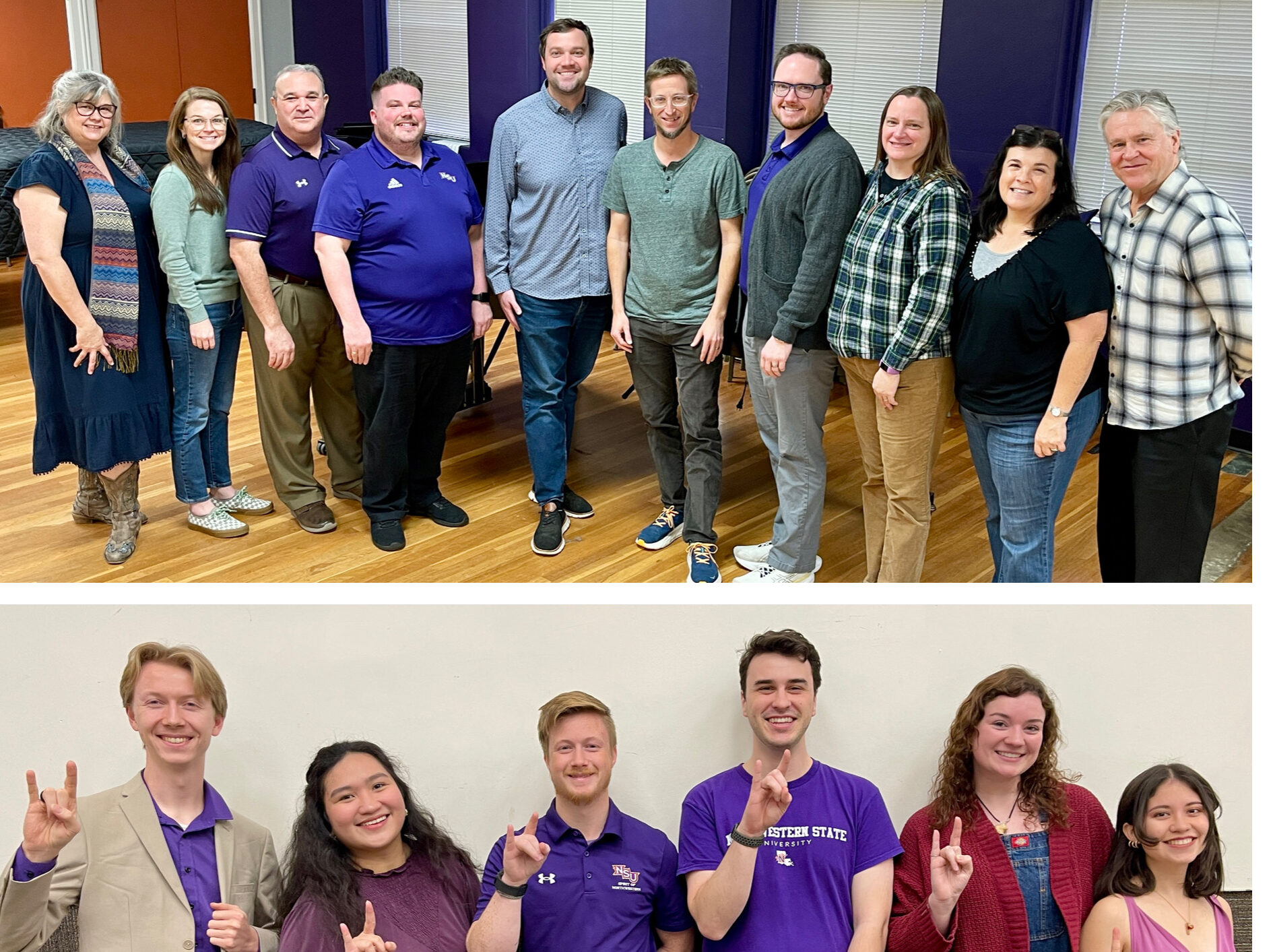 Faculty and graduate students from Northwestern State University’s School of Creative and Performing Arts will be representing the university at the annual Louisiana Music Educators Association Conference on Jan. 17-20 in New Orleans. Those attending are, top photo from left, Dr. Terrie Sanders, Dr. Molly Blair, Dr. Anthony Pursell, Dr. Shane Thomas, Dr. Andrew Blair, Dr. Paul Forsyth, Adam Philley, Dr. Jennifer Pulling, Dr. Malena McClaren, Dr. Douglas Bakenhus. Graduate students attending are, bottom photo from left, Taylor Carrell, Lhareen Lazo, Jack Stanley, Tucker Uebersax, Kat Wilkinson and Melissa Patiño Mejía,