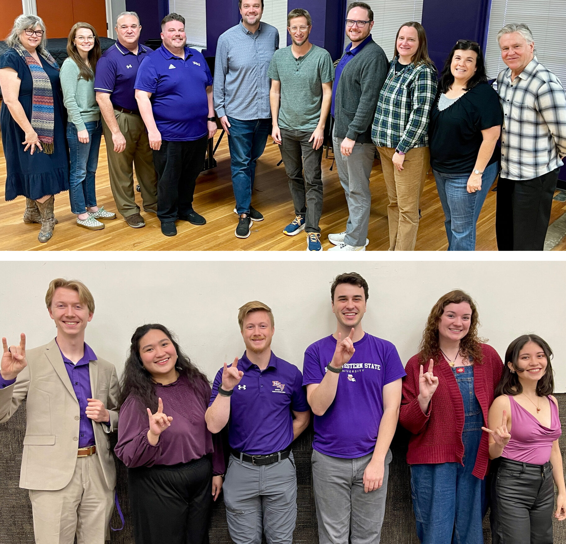 Faculty and graduate students from Northwestern State University’s School of Creative and Performing Arts will be representing the university at the annual Louisiana Music Educators Association Conference on Jan. 17-20 in New Orleans. Those attending are, top photo from left, Dr. Terrie Sanders, Dr. Molly Blair, Dr. Anthony Pursell, Dr. Shane Thomas, Dr. Andrew Blair, Dr. Paul Forsyth, Adam Philley, Dr. Jennifer Pulling, Dr. Malena McClaren, Dr. Douglas Bakenhus. Graduate students attending are, bottom photo from left, Taylor Carrell, Lhareen Lazo, Jack Stanley, Tucker Uebersax, Kat Wilkinson and Melissa Patiño Mejía,