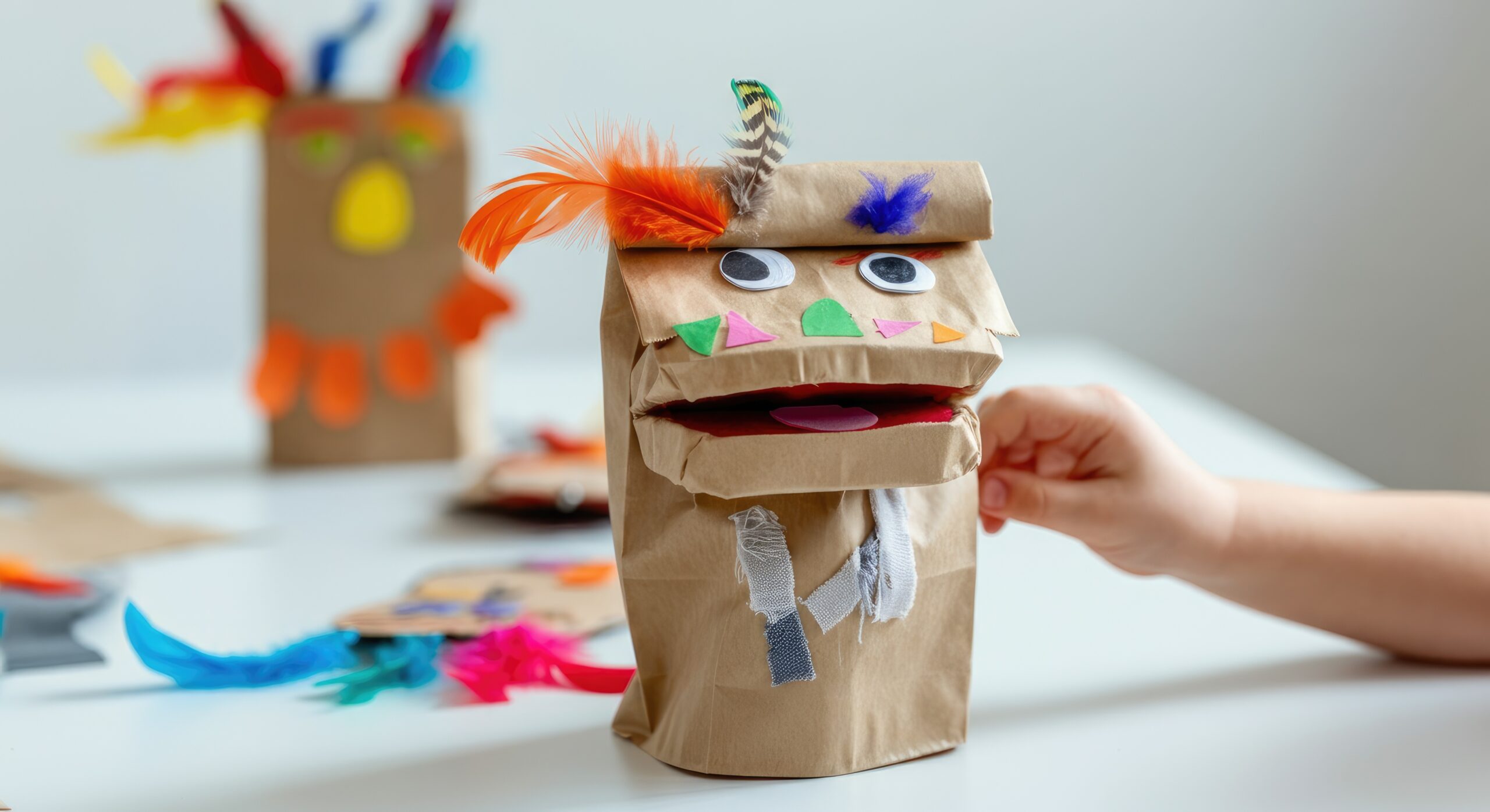 Child making paper bag puppets with colorful feathers