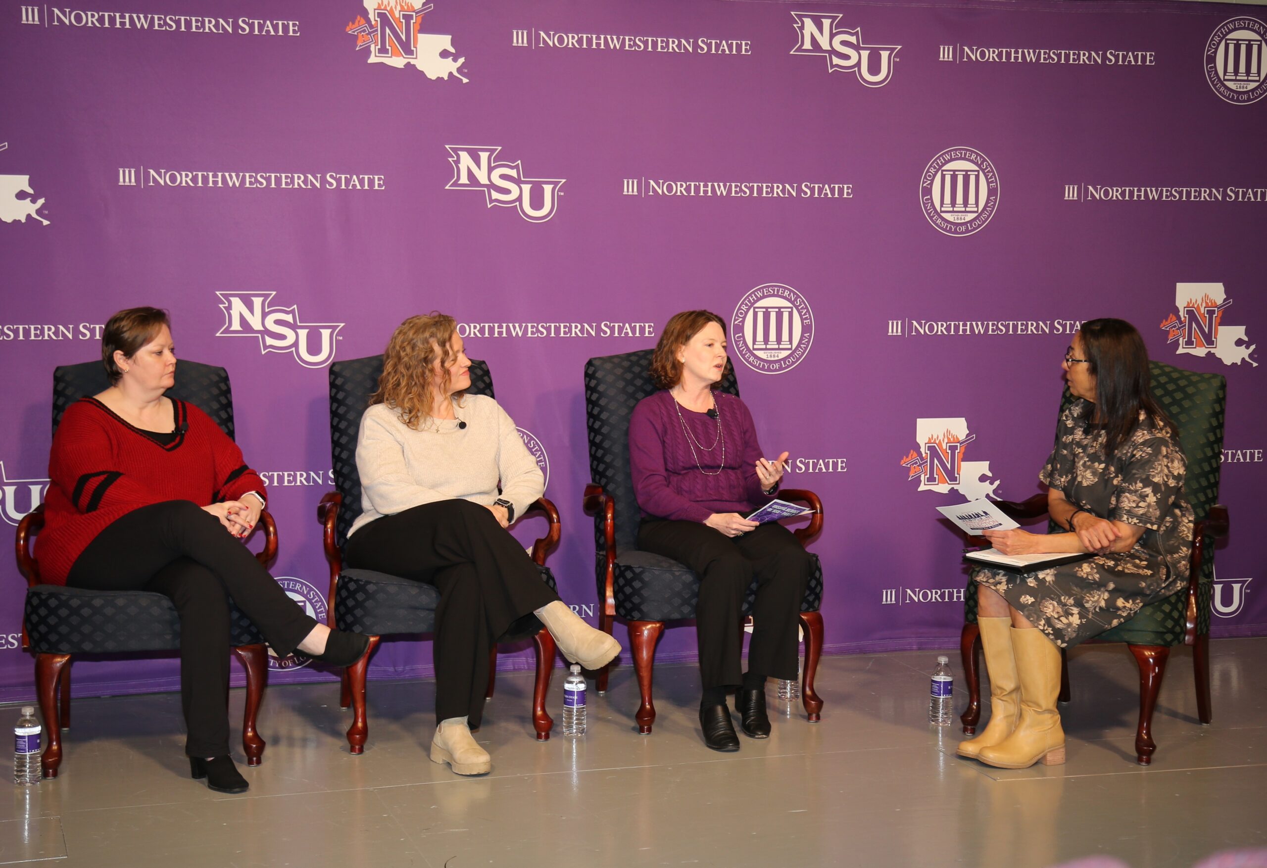 Maggie Bossier, Chrissey Smith and Emily Perritt talked about their work behind the scenes at NSU with panel moderator Roni Biscoe.