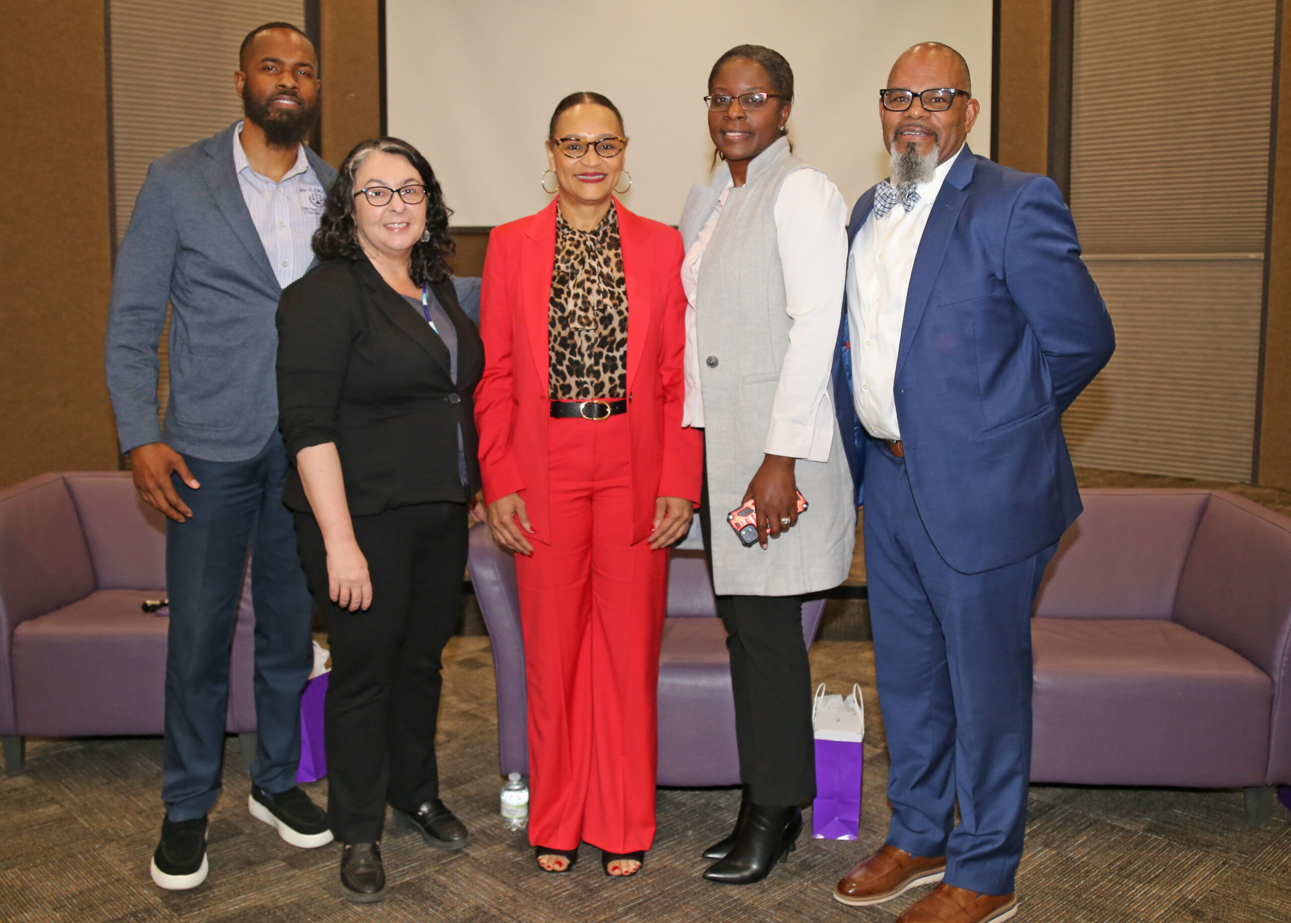 Guests who served on a panel to discuss the legacy of the late U.S. Supreme Court Justice Thurgood Marshall were, from left, Judge David Williams, Dr. Rebecca Riall, Judge Monique Rauls, Dr. Carmella Parker and Dr. Michael McClanahan.