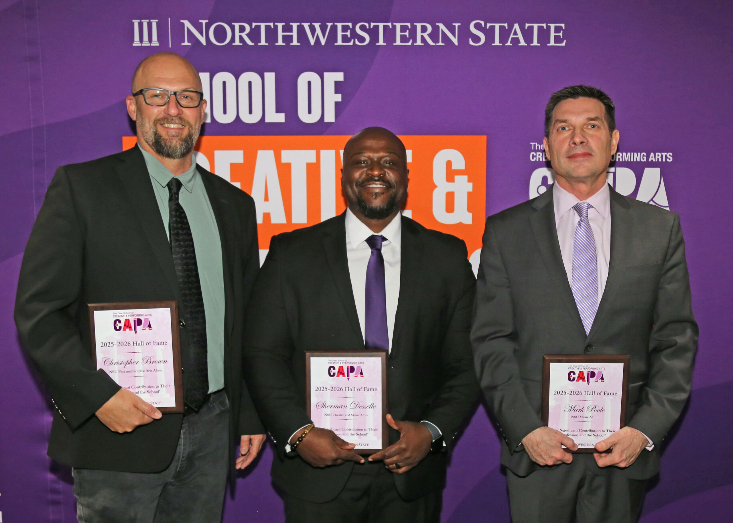 Christopher Brown, Sherman Desselle and Mark Poole, from left, were inducted into NSU’s School of Creative and Performing Arts Hall of Fame on Saturday, March 7.