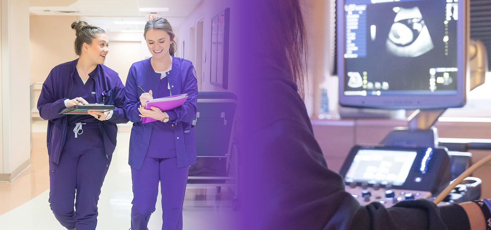 NSU Nursing students walking down hallway at hospital and Radiologic Technologist performing sonography.