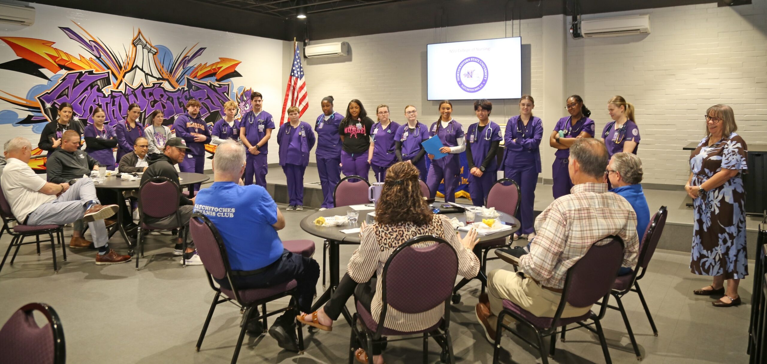 NSU nursing students in their first level of clinicals at the Natchitoches campus and their professor Dr. Shaun Wheat, far right, spoke to the Natchitoches Kiwanis Club about putting classroom knowledge into nursing practice.