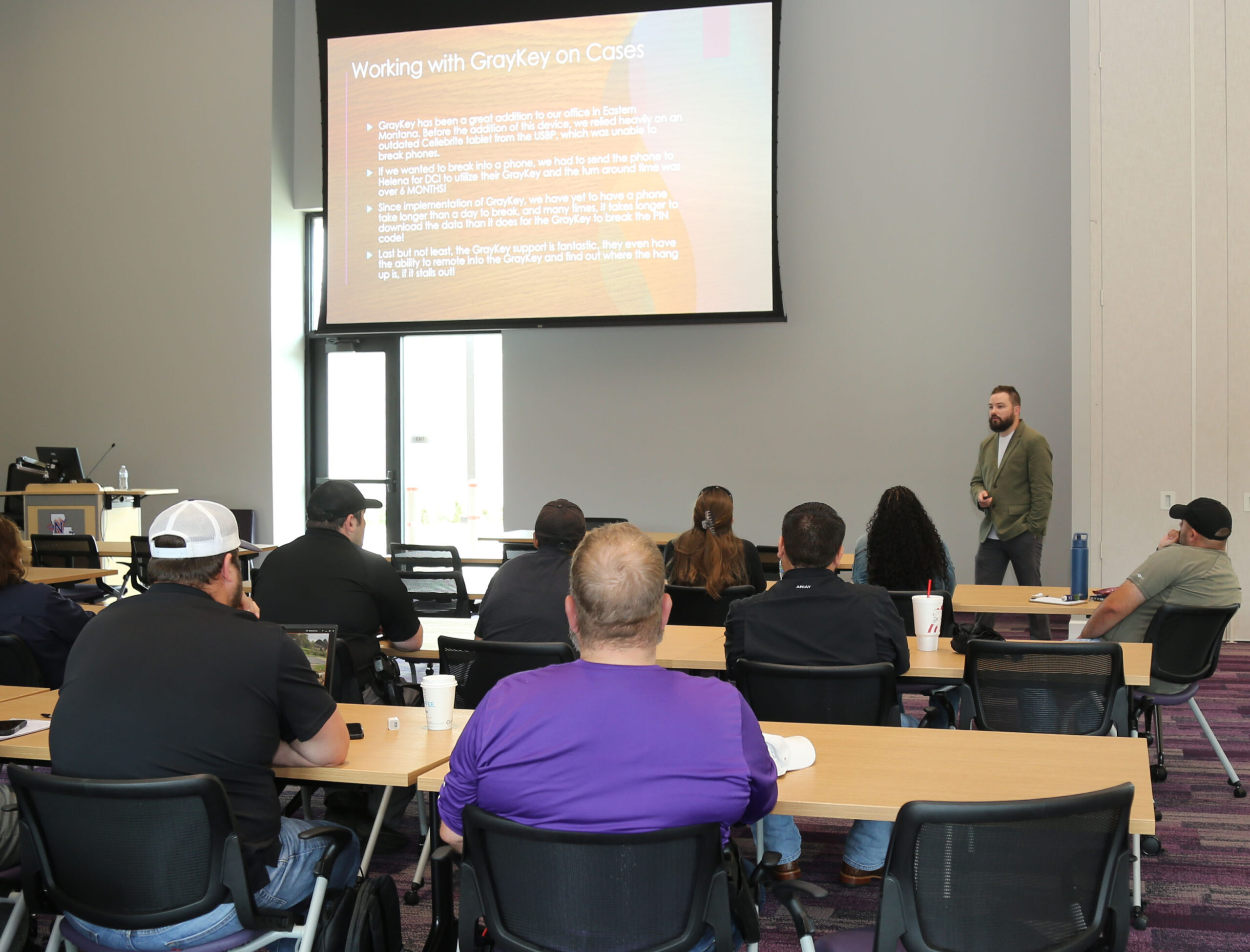 Agent Austin Porter of the Montana Department of Justice and an instructor with Yellowstone Narcotics led the ‘Technology in Today’s Investigations’ seminar at NSU May 11-12. Law enforcement from six parishes in Louisiana participated.