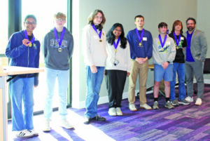 Students selected as All Stars from their teams were, from left, Bhuvana Danivas, Bolton Academy; Austin Ross, Bolton Academy; Maven Anderson, LSMSA; Monika Garlapti, LSMSA; Jack Odom, Saline High School; Jackson Bougues, Saline High School; Jensen Ebarb, Zwolle High School and Zeb Marcotte, head of NSU’s Mathematics Department.
