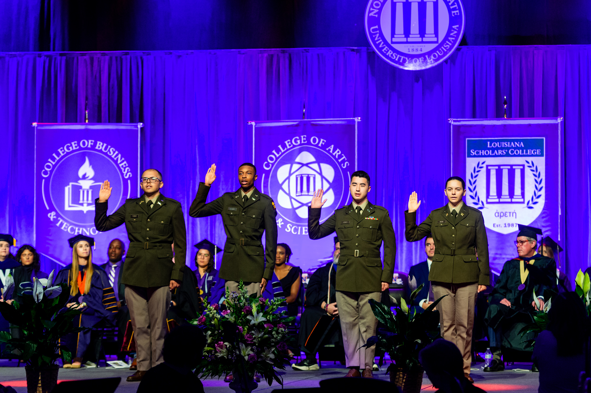 Four graduating senior ROTC Cadets took the oath of office during NSU commencement exercises Wednesday, May 13. From left are 2nd Lt. Lawson Turner, 2nd Lt. Christian Holmes, 2nd Lt. Ethan Jones and 2nd Lt. Layla Wood.