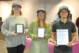 NSU art students recognized for outstanding work were, from left, Mackensie White, Jerry Chesser and Lisa Ates Borders Award; Sarah Mayeaux, Avis Borders Fletcher and Margaret Pauline Chesser Award, and Theo Hemphill, Lisa Chesser Borders Endowed Scholarship and Meraki Award. 