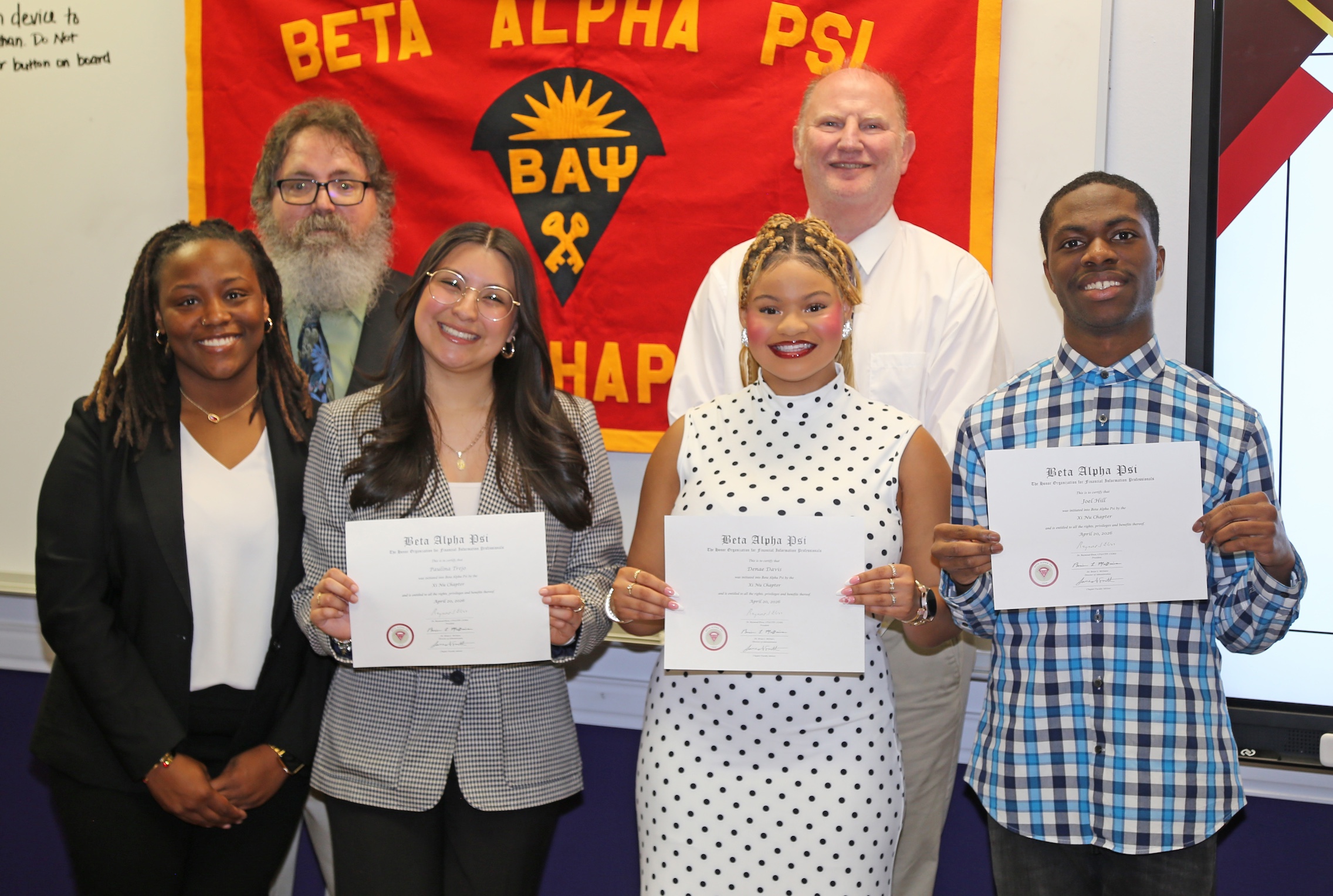 NSU’s Beta Alpha Psi, the honor society of financial information students, inducted new members April 20. On the front row from left are outgoing president Dexteria King with inductees Paulina Trejo, Denae Davis and Joel Hill. On the back row are College of Business faculty Dr. James Smith and Dr. Mark Swanstrom.