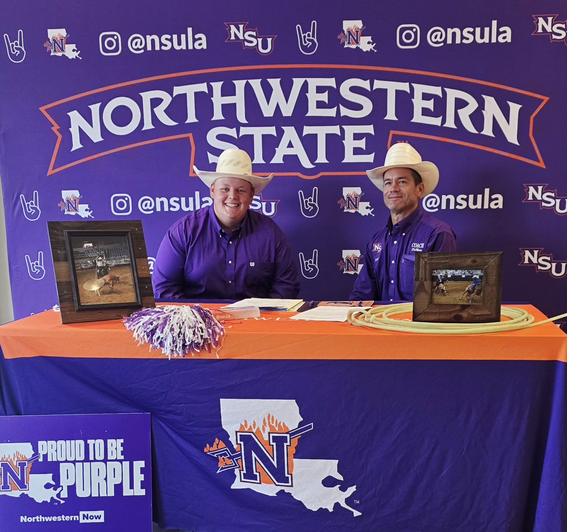 Braden Phillips, left, will compete with the NSU Rodeo Team. He signed this past week with Team Coach Cody DeMoss, right.