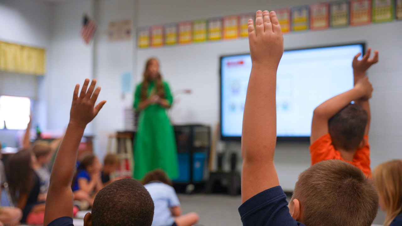 Northwestern State University senior elementary education major Ella Reitzell leads a lesson with first-grade students at South Grant Elementary School in Grant Parish.