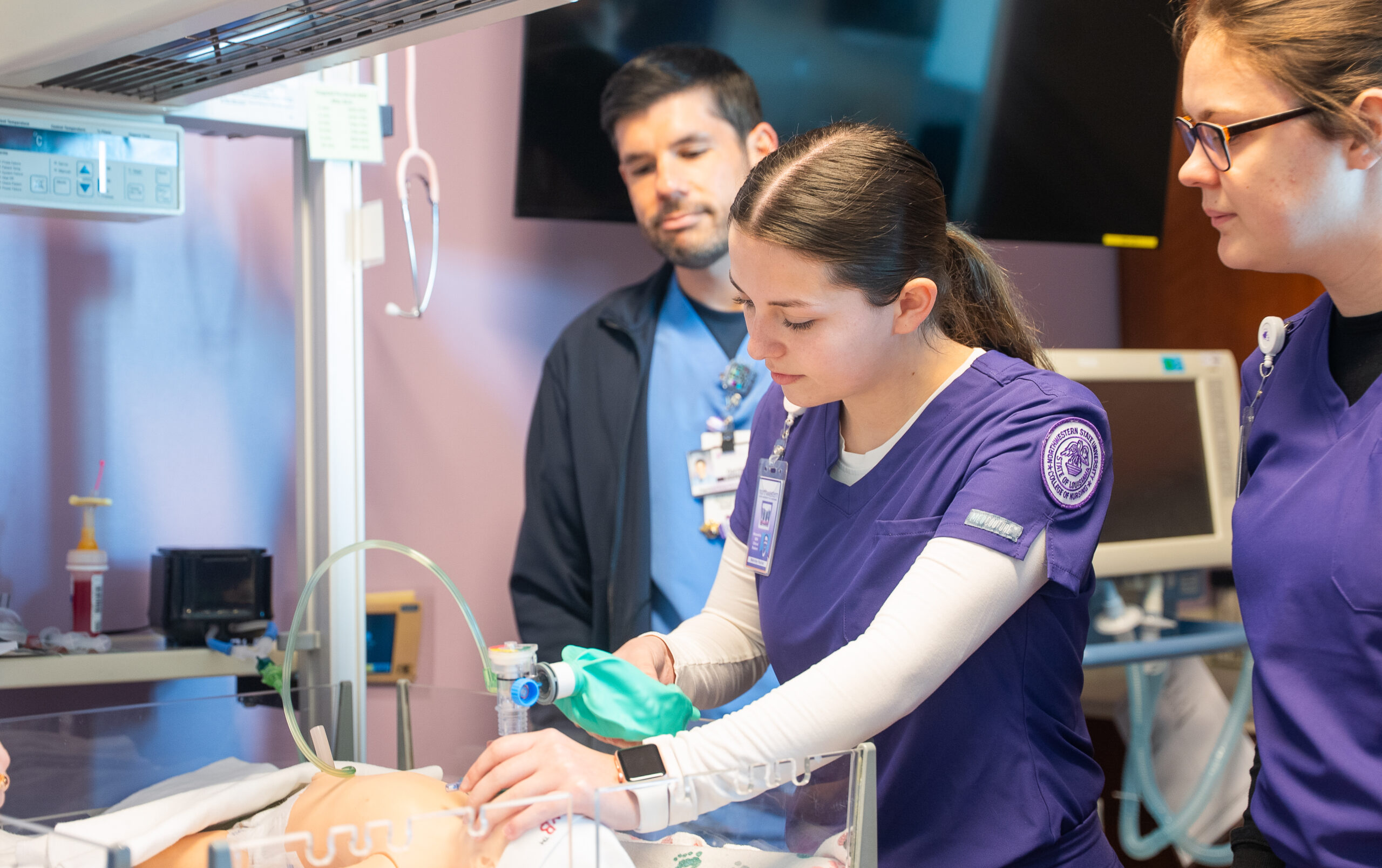 NSU nursing student MaKinley Rachal practices patient care skills during clinical training in Alexandria.