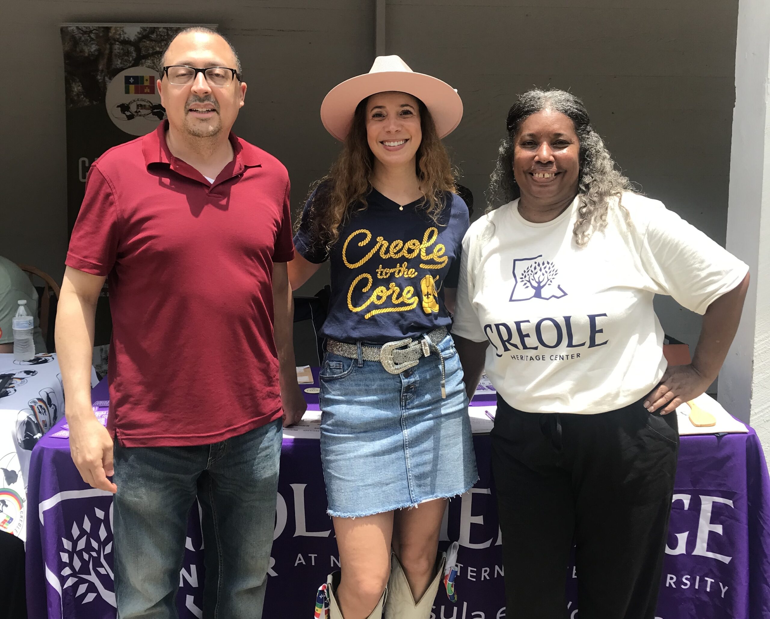 NSU’s Creole Heritage Center was represented at Creole Culture Day June 7. From left are David Sigur, Creole Heritage Center Advisory Council member; Colby Martin, Vermilionville staff, and Kelly Jackson, Creole Heritage Center Clerk, in front of the Creole Heritage Center's table at Creole.