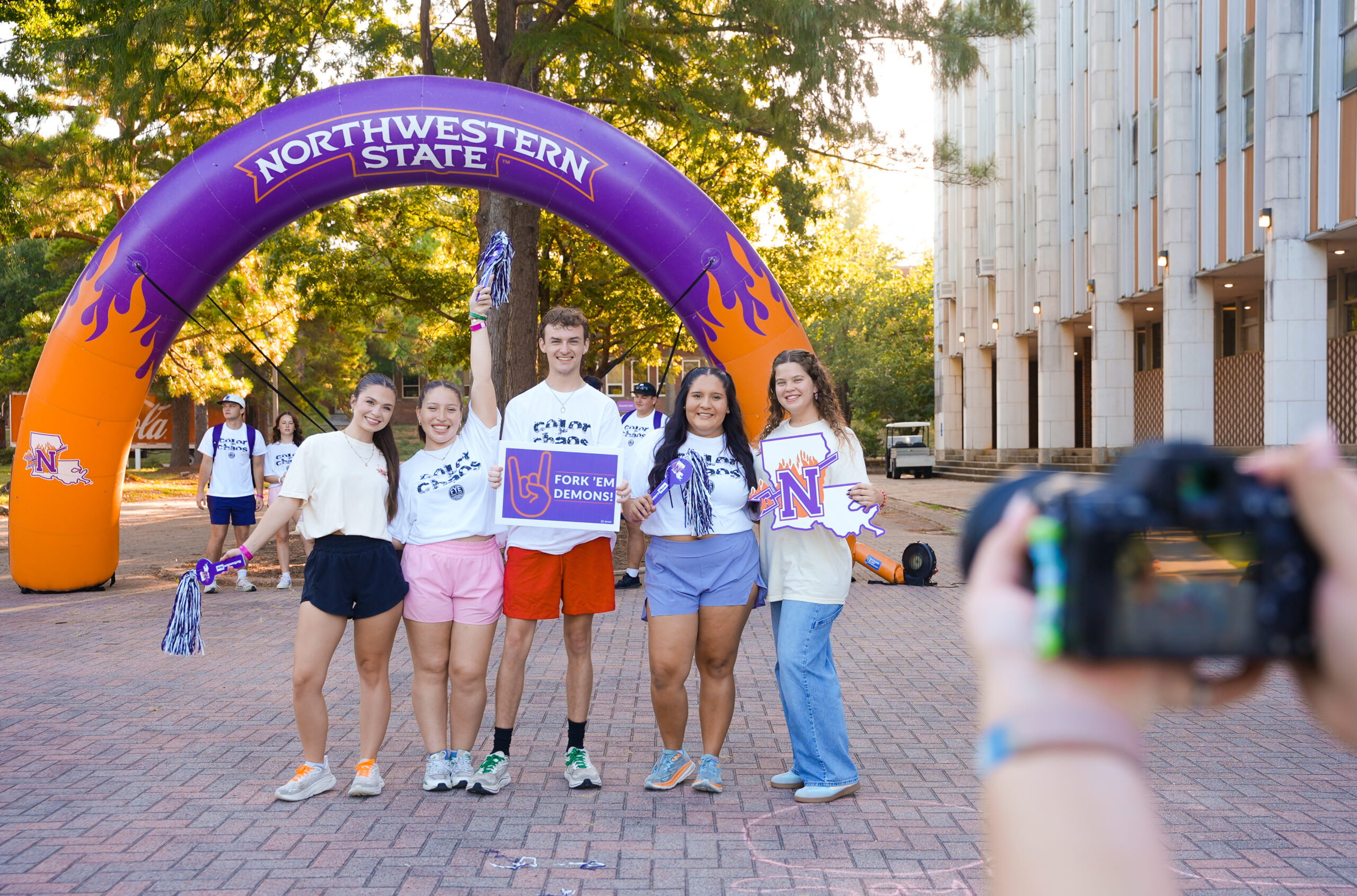From left, NSU students Hannah Kennedy, Vivian Montalvo, Thomas Perryman, Atziary Perez and Madelyn Murphy pose for a first-day photo on the Kyser Brickway Aug. 17.