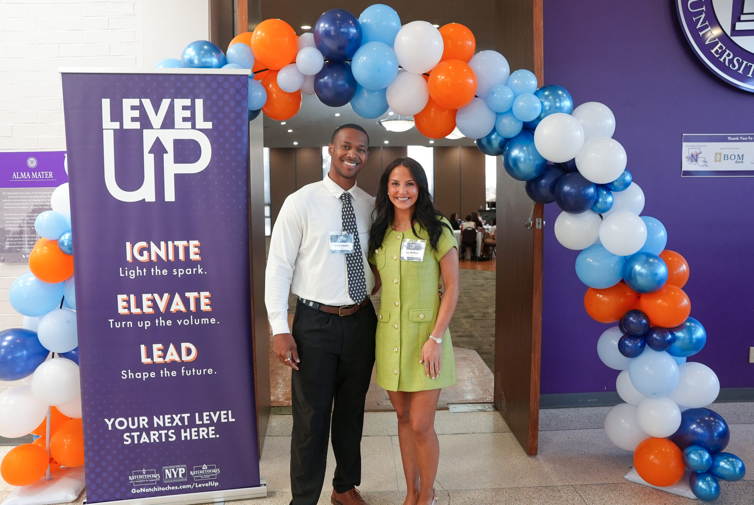 Northwestern State University alumni Jorian Dodd, left, and Abby Williams served as emcees of the 2026 Level Up Conference Sept. 11 in the NSU Student Union.