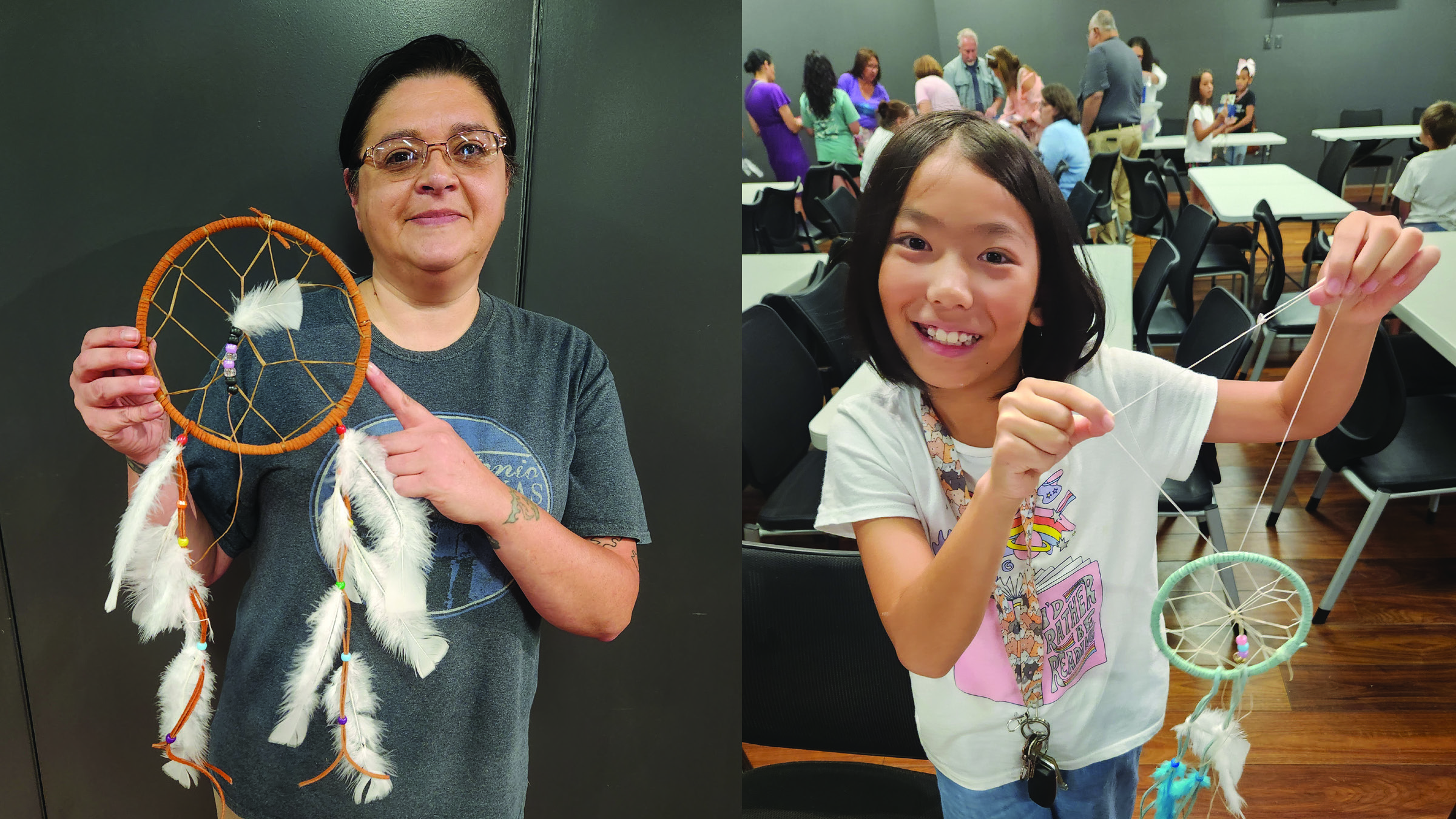 Jennifer Linder and Yutai Yao proudly display their handmade dream catchers at the interactive crafts workshop hosted by the Louisiana Folklife Center.