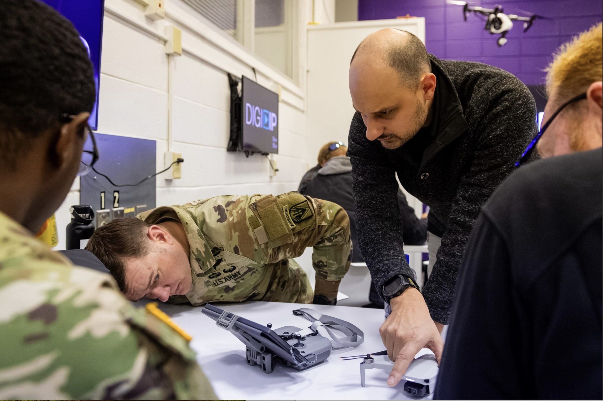 JD Cox, director of NSU’s ARGO Lab, worked with Master Sergeant (MSG) Tyler Kennedy and other soldiers from Fort Polk during two days of drone training at Northwestern State.