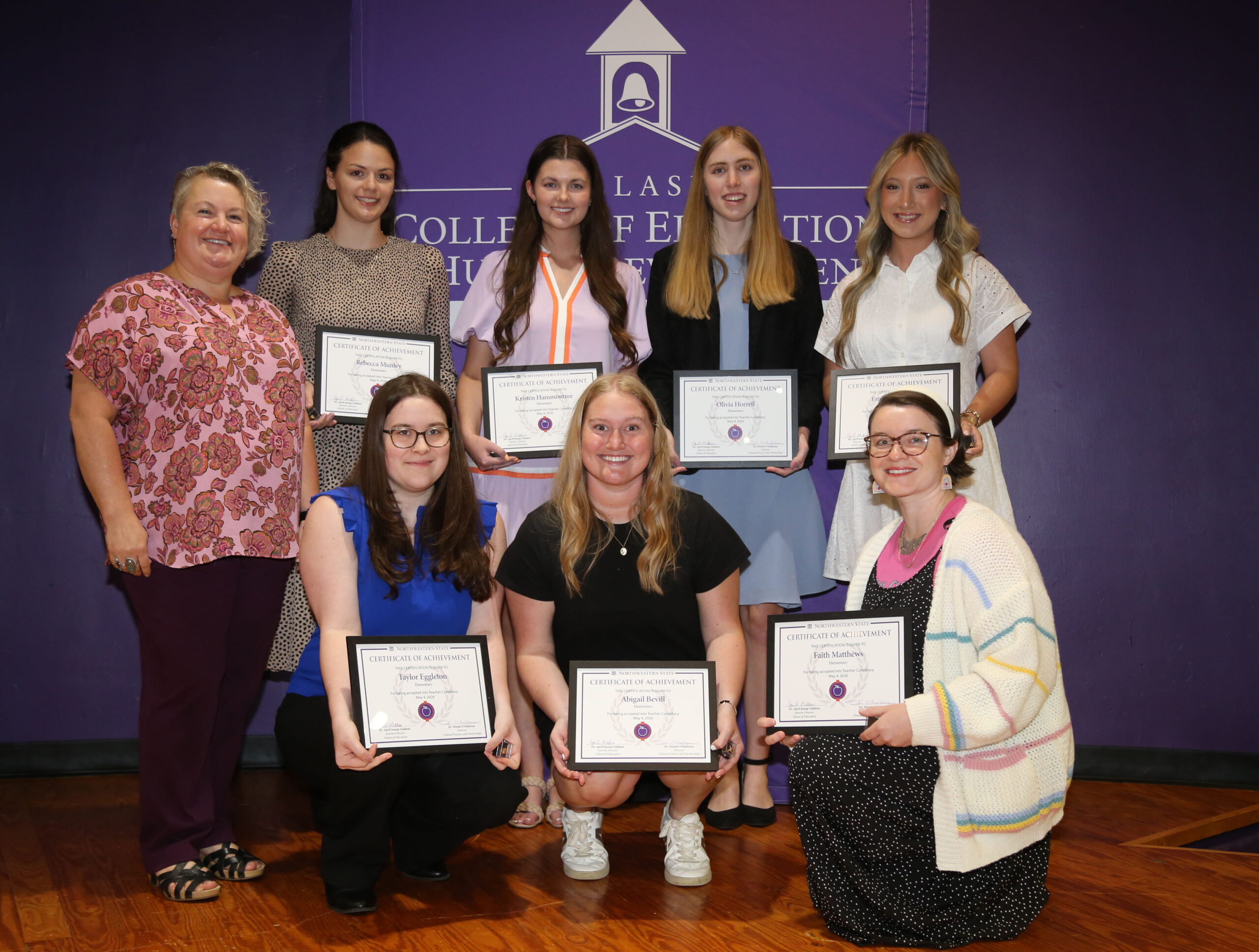 Elementary Education grads are, front row from left, Taylor Eggleton, Abigail Bevill and Faith Matthews. On the back row are Dr. Jessica Church, Rebecca Munley, Kristen Hammontree, Olivia Horell and Emily McGehee.