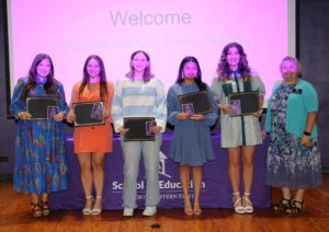 NSU Elementary Education majors recognized with Apple pins were, from left, Avery Broadway, Taylor Crain, Katie Farris, Lluvia Guillot, Elizabeth Shirley and Dr. Jessica Church. 