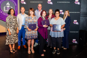 Outstanding NSU faculty were recognized for dedication to teaching, learning and commitment to academic excellence. On the front row from left are Dr. Cynthia Lindsey, Distinguished Teaching and Impact Award; Dr. Rebecca Macijeski, Excellence in Teaching Award, and Melissa Kelly, Innovation and Academic Practice in Teaching in the General Education Core. On the back row are academic deans Dr. Neeru Deep, Dr. Greg Handel, Dr. Scott Wysong, Dr. Francene LeMoine and Dr. Aimee Badeaux.