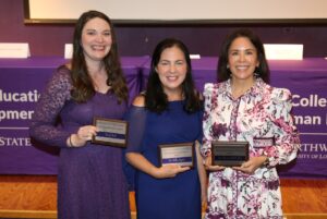 Honored faculty were Sarah Ebarb, Distinguished Service Award; Dr. Billie Myers, Distinguished Scholar Award, and Shannon Wall-Hale. 