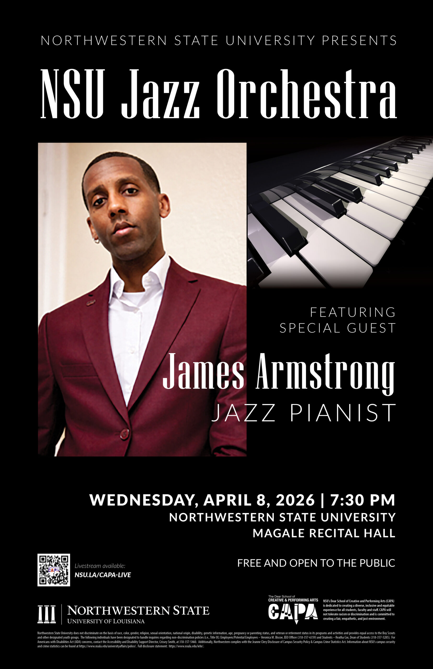 Pianist James Armstrong will perform with the Northwestern State University Jazz Orchestra on Wednesday, April 8.