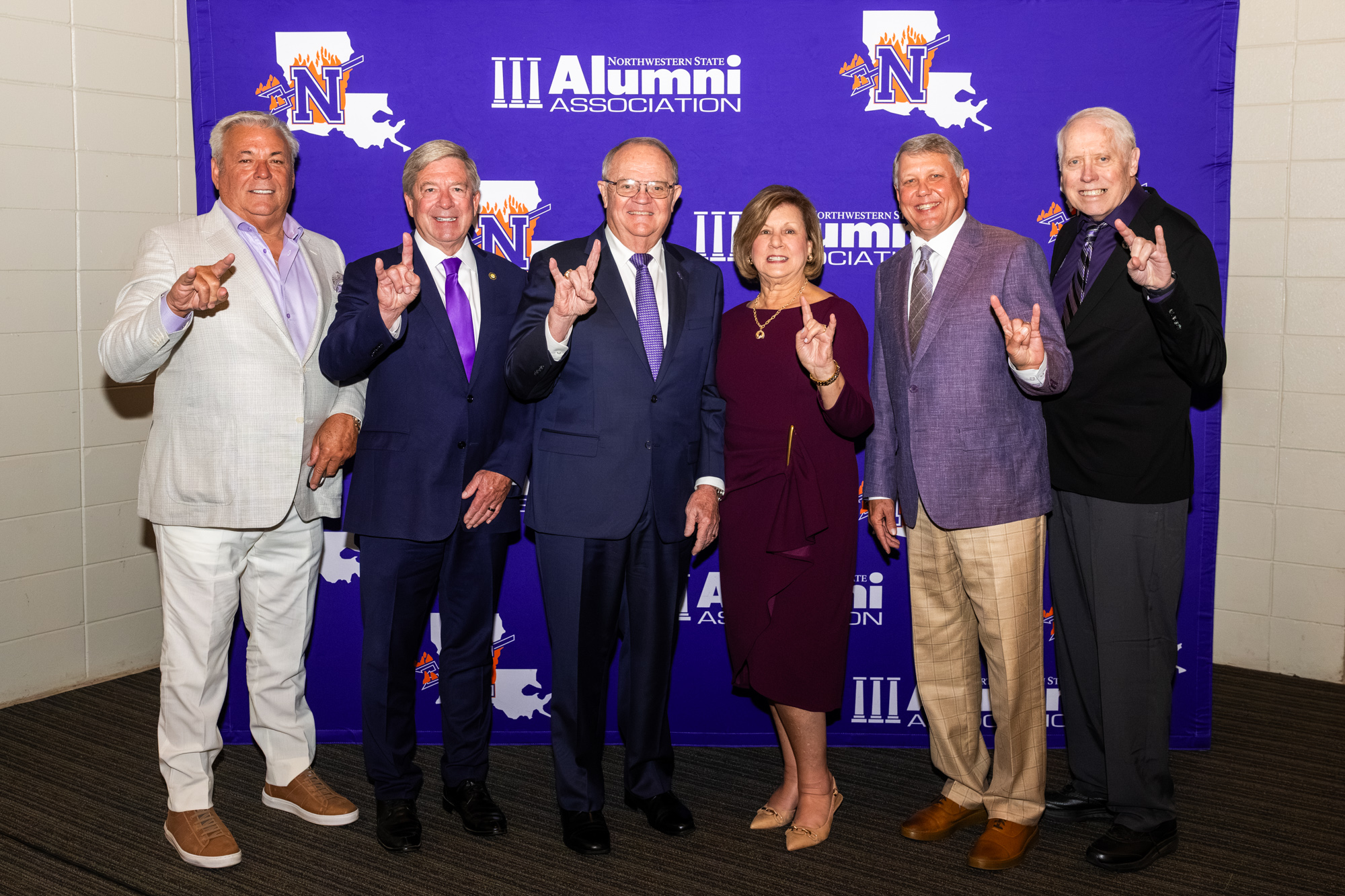 Northwestern State University’s 2026 inductees into the Long Purple Line are, from left, Bryan David Arceneaux, Billy Joe Harrington, Edwin Dunahoe, Brenda Webb, Trey Hill and Dr. Ron McBride.