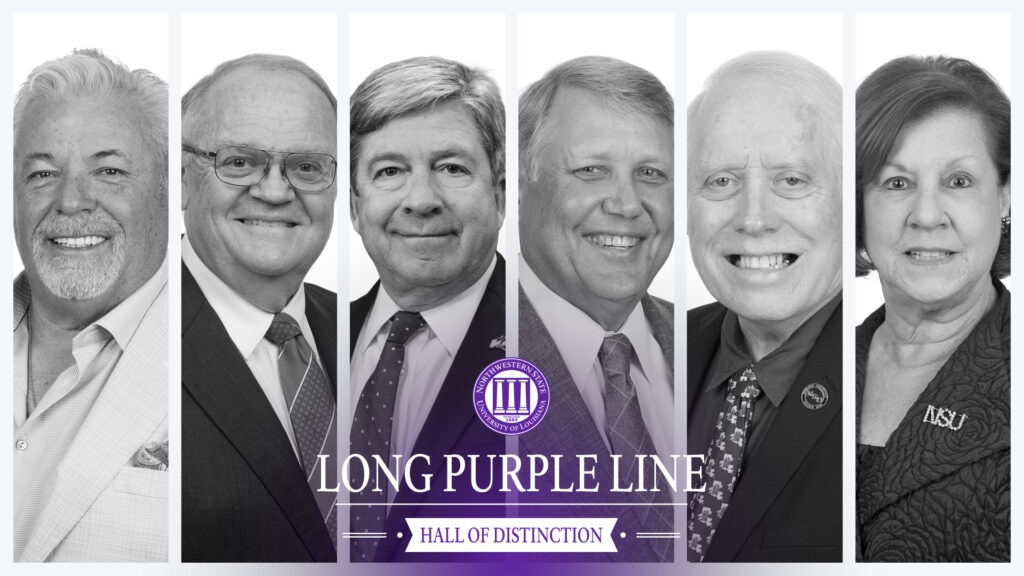 2026 Long Purple Line inductees are, Bryan David Arceneaux of Larose, Edwin Dunahoe and Billy Joe Harrington of Natchitoches, Trey Hill of Baton Rouge, Dr. Ron Owen McBride of Natchitoches and Brenda Williams Webb of Shreveport. The inductees will be honored at a luncheon on Friday, Oct. 23 from 11:30 a.m. to 1:30 p.m. at the Natchitoches Events Center.