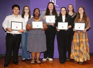NSU faculty congratulated students graduating in Music Education – Instrumental.  From left are Kirk Ybanez of Shreveport, Dr. Molly Blair, Ramiyah Rounds of Houma, Harmony Head of Bogata, Remi Blanchard of Houma, Dr. Jennifer Pulling and Jessica Dubose of Athens. 