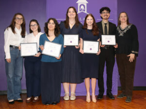 Graduating seniors in Music Education – Vocal were recognized.  From left are Dr. Molly Blair, Madeline Horton Ybanez of Kilgore, Texas; Cadence Carpio of Harlingen, Texas; Julian Peshoff of Sulphur, Eileen Ashley of Maurice, Dominick Saldivar of Brownsville, Texas, and Dr. Jennifer Pulling.  