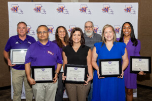 NSU faculty honored with Excellence in Teaching Awards were, from left, Scott Burrell, Dr. Nabin Sapkota, Beverly Broadway, Jessica Despino, Dr. Bill Housel, Robin LaBorde and Dr. Qwontice McDowell. 